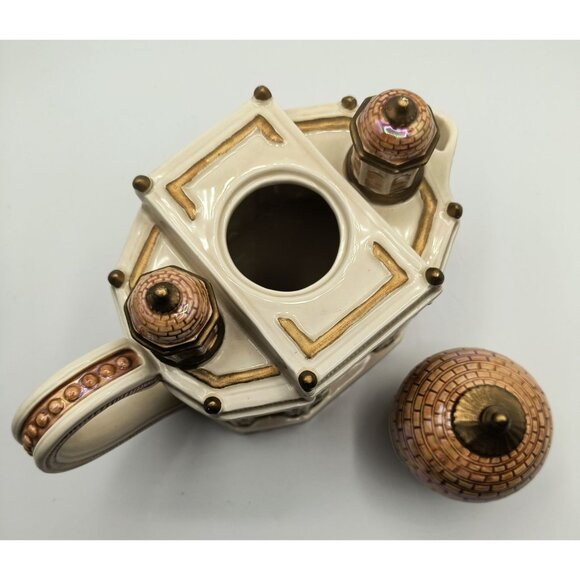 Vintage Fitz and Floyd Taj Mahal Ceramic Teapot With Golden Lid and Handles - Picture 6 of 7